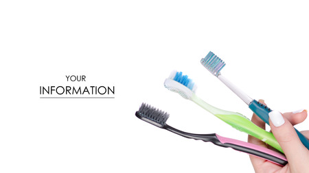 Female's hands with toothbrushes for the whole family pattern isolated on a white backgroundの写真素材