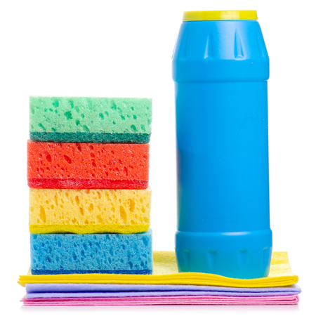 rag cleaning sponge for cleaning and detergent powder on white background isolationの写真素材