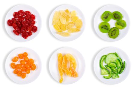 Set plates candied dried tropical fruitsの写真素材
