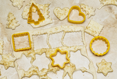 Baking Christmas cookies. dough and formsの写真素材