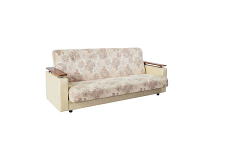 Beige soft sofa with wooden armrests, folding functionの写真素材