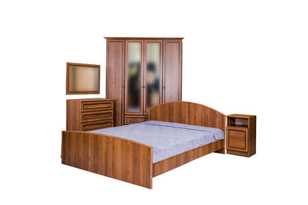 Bedroom set, wardrobe, large bed, mirror with nightstands, purple bedspreadの写真素材