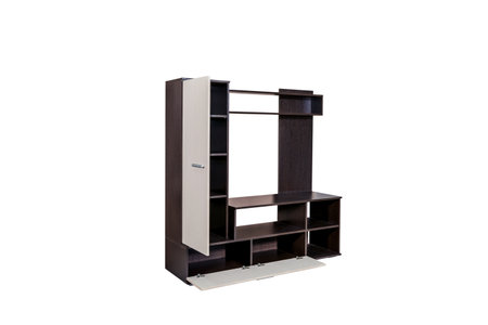 Furniture: black and white pvc wall with doors and a place for a TVの写真素材