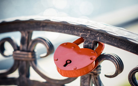 Wedding, castle on the bridge of "lovers" near the water, bright sun, glareの写真素材