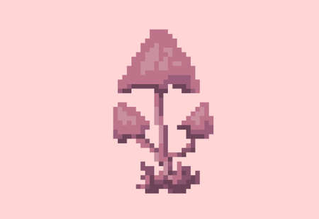 Illustration of a group of mushrooms in pixel art styleのイラスト素材
