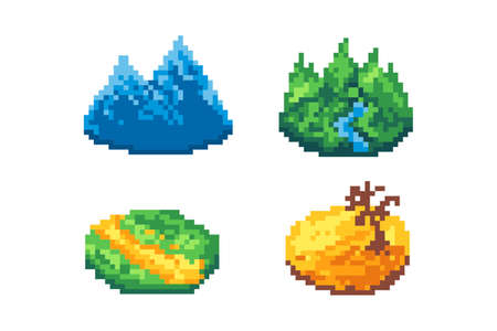Collection of different nature landscape icons in pixel art styleのイラスト素材