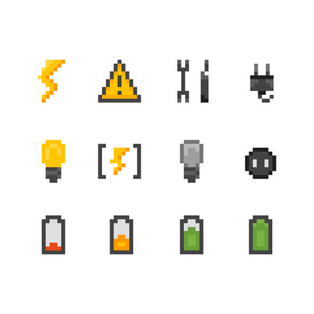 Icon set on electricity and mobile energy theme. Collection of pixel art graphic