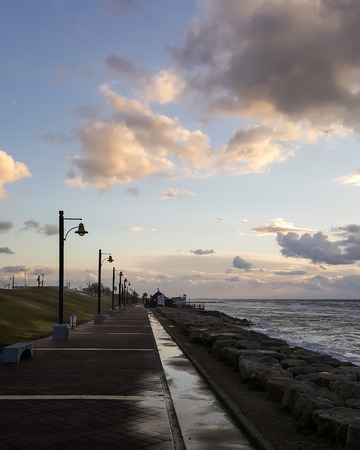 Beauty sunset, nobody coastline of Mediterranean Sea, cold winter, Haifa, Israelの写真素材