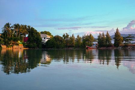 Lake, reflection of the sunset sky, palm trees, Koh Samui, Thailandの写真素材