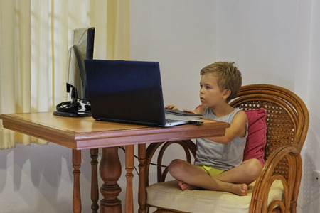 Little boy in domestic room, uses computer laptop, concentrated and looks into screens, sits on armchair. Hands on keyboard. Thailand style furnitureの写真素材