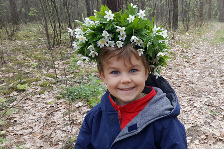 Portrait cute boy smiling, wreath of flowers on head in spring forestの写真素材