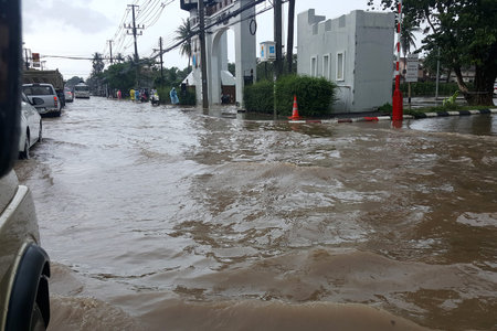 Koh Samui, Thailand - October 11, 2017: Traffic on flooded road