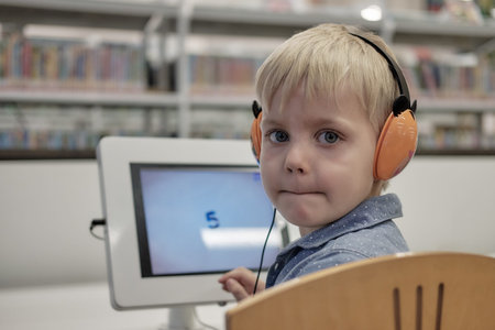 Elementary school boy sitting in library, using touchscreen computer for education