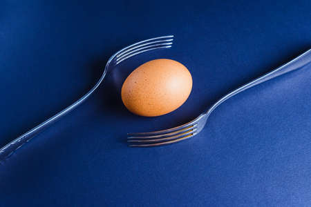 Close- up of a fresh egg lying between two forks on a dark background.の写真素材