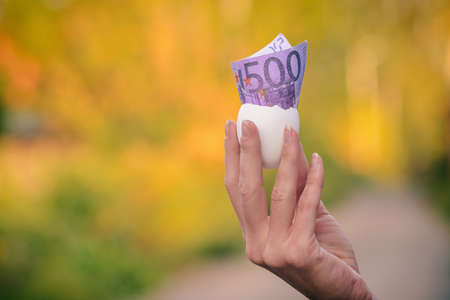 500 Euro bill is stuck in an eggshellの写真素材
