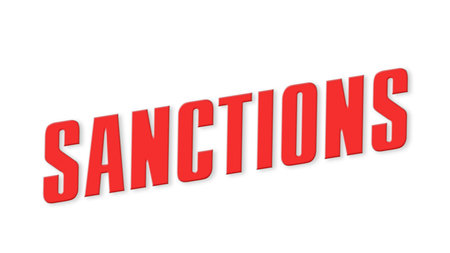 Three-dimensional word sanctions diagonally on a white background.
