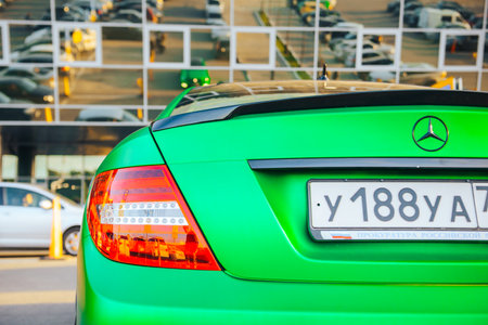 MOSCOW, RUSSIA-SEPTEMBER 09, 2017: Luxury Mercedes-Benz C-class Coupe AMG, in green matte film.のeditorial素材