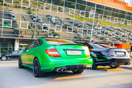 MOSCOW, RUSSIA-SEPTEMBER 09, 2017: Luxury Mercedes-Benz C-class Coupe AMG, in green matte film.