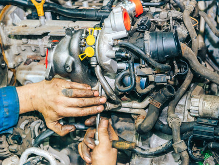 Repair of the internal combustion engine. Installation of a new turbine.の写真素材