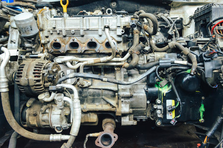 Close-up, internal combustion engine repair. The restoration of the demolished car after the accident.の写真素材