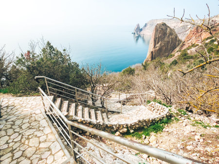 Staircase to the sea from the top of the mountain in the Crimea