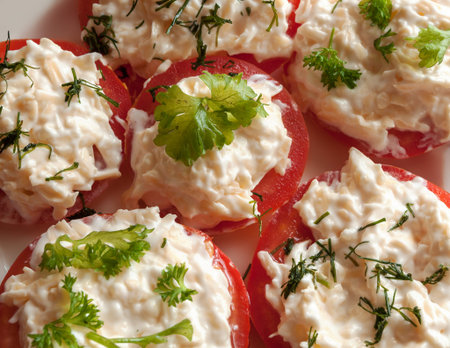 appetizer of tomatoes with cheese and herbs