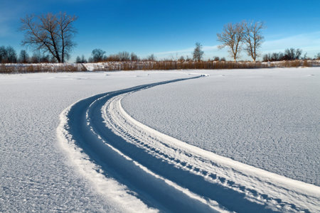 the snowmobile tracks in the snowの写真素材