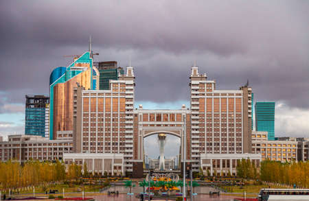 05.10.2011 KazMunaiGas and Transport Tower at the administrative and culture center of Nur-Sultan Astana, Kazakhstan.のeditorial素材