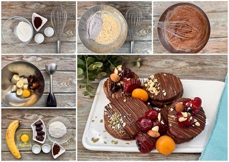 recipe for step-by-step chocolate pancakes, with berries, gluten-free, 1 banana, 1 egg, 4 dates, 50 g gluten-free flour, 0.5 spoon baking powder, 1 spoon of cocoa.の写真素材