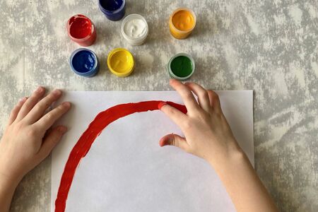 step by step, master class in paint drawing, Childrens drawing rainbow.の写真素材