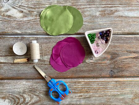 set for needlework, make a flower from a fabric using a candle.の写真素材