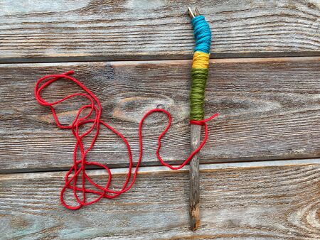 Step by step, how to wrap a knitting stick, childrens master classの写真素材