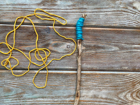 Step by step, how to wrap a knitting stick, childrens master classの写真素材