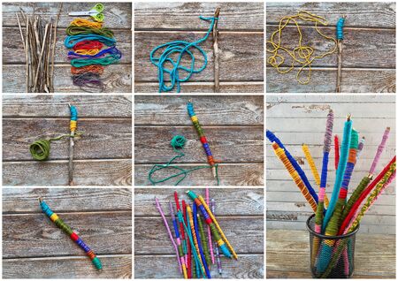 Collage step by step, learn how to make childrens craft sticks from yarn.の写真素材