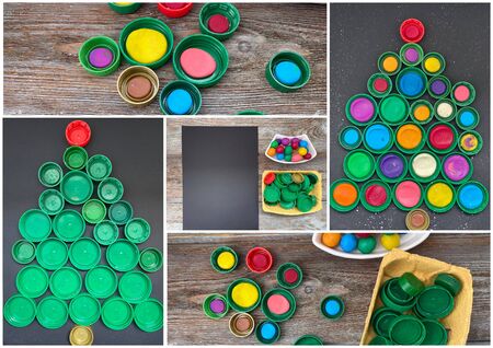 Collage of 5 photos, how to make a Christmas tree from plastic lids and plasticine.の写真素材