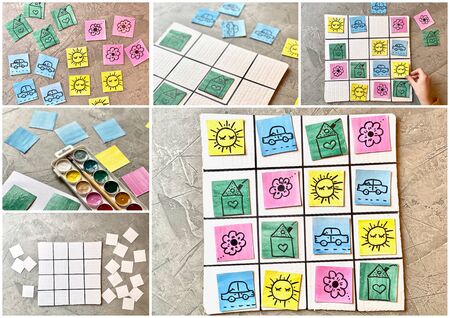 Collage of photos, step by step how to make a childrens Sudoku game, on cardboard.の写真素材