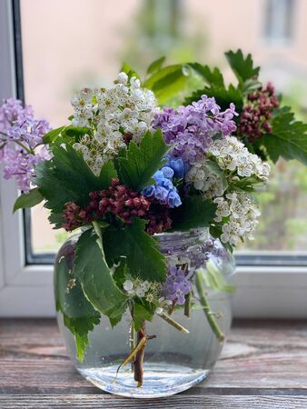 Lilac and other spring flowers in a transparent glass vase,の写真素材