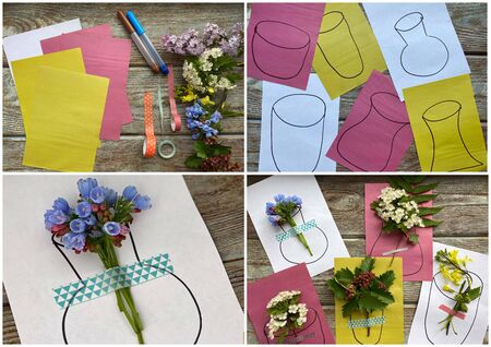 Children's lesson shows how to make a vase with flowers.の写真素材