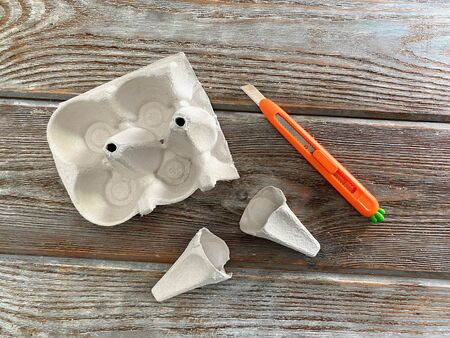 Step by step kids craft ice cream out of an egg boxの写真素材