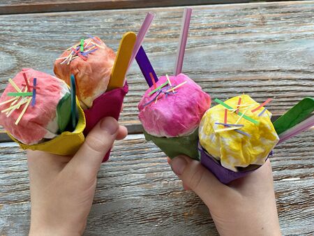 Step by step kids craft ice cream out of an egg boxの写真素材