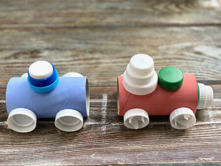children's craft for making a steam train from paper rollsの写真素材