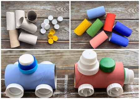 children's craft for making a steam train from paper rollsの写真素材