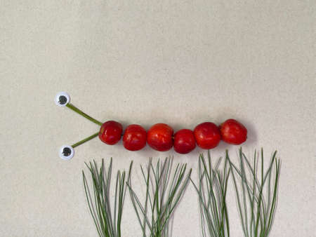 Cute caterpillar with eyes, made of small red apples, childrens craft.の写真素材