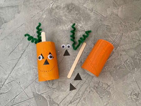 pumpkin made of toilet paper, roll, children's creativity.の写真素材