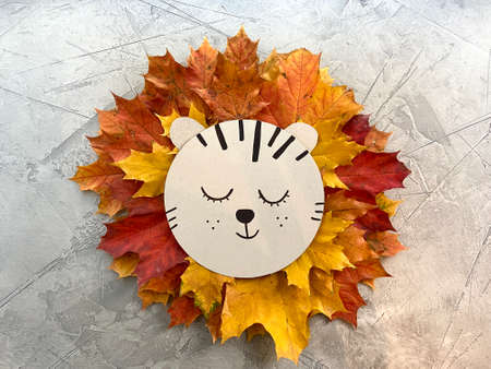 lion of autumn , maple leaves, childrens craftsの写真素材