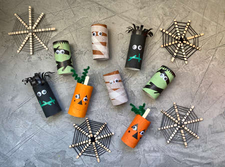 scary characters for Halloween, childrens craft from toilet paper roll.の写真素材