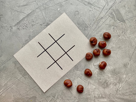 Step by step, childrens creativity, game TIC TAC toe of chestnuts.