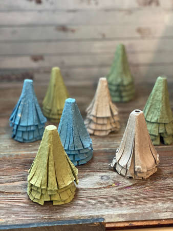 Christmas trees, childrens craft made from recycled egg box.の写真素材