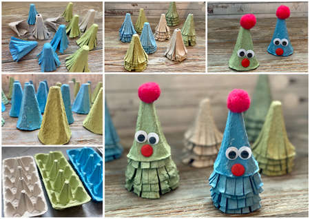 Step - by-step tutorial on how to make a Christmas gnome out of paper, empty egg box, childrens craft.の写真素材