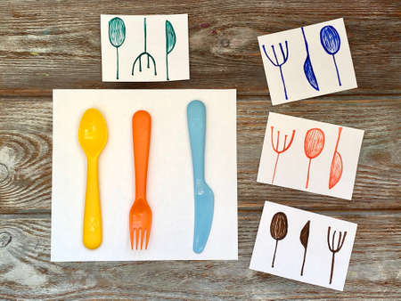 Fork, knife, spoon-simple materials for childrens logic game,の写真素材